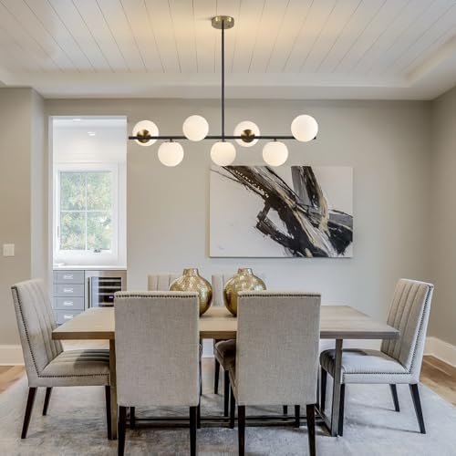 KCO 43.3" Black Gold Linear Glass Globe Sputnik Chandelier for Dining Room