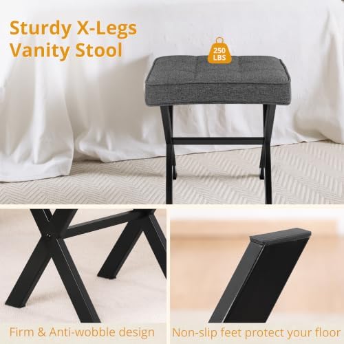 LUE BONA Vanity Stool, Square Linen Makeup Stool with Metal X Legs, Small Ott...