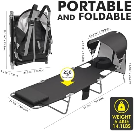 Backpack Beach Tanning Lounge Chair with Canopy Shade Face Hole Padded Adjust...