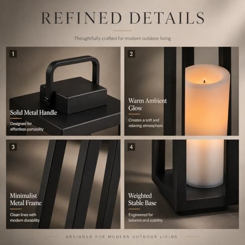 Integrated LED Solar Lantern Outdoor Large H24 Inch Black Metal Decorative So...
