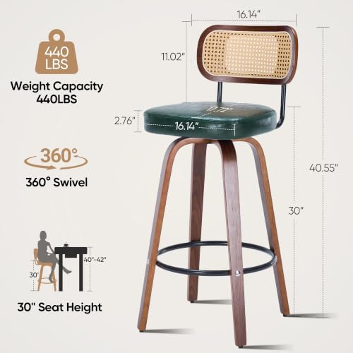 Rattan Bar Stools Set of 2,Upholstered PU Leather, 30''Counter Height...