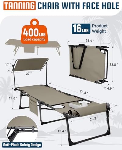 KingCamp 400LBS Lounge Chair with Face Hole & Canopy Shade, Beige 1‑Pack