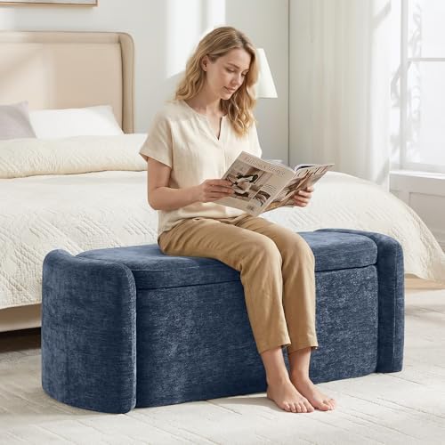 Oval Ottoman Bench with 20 Gal of Storage Space Upholstered Chenille Seat End...