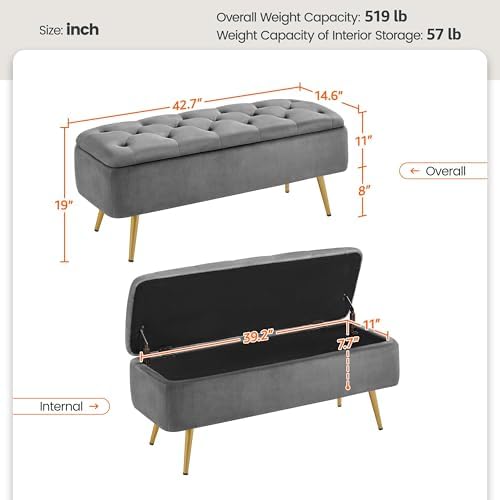 Yaheetech Storage Ottoman Bench for Bedroom, Velvet End of Bed Bench, Gray