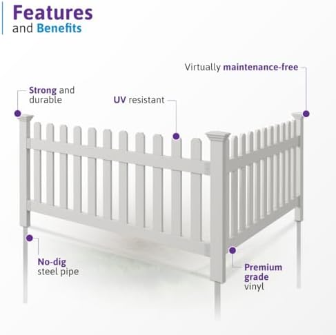 WamBam Newport Picket Fence, White Vinyl DIY No Dig Kit