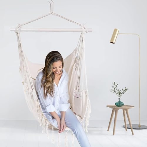 Goutime Hammock Chair,Hanging Rope Ceiling Swing with 2 Cushions, Macrame Boh...