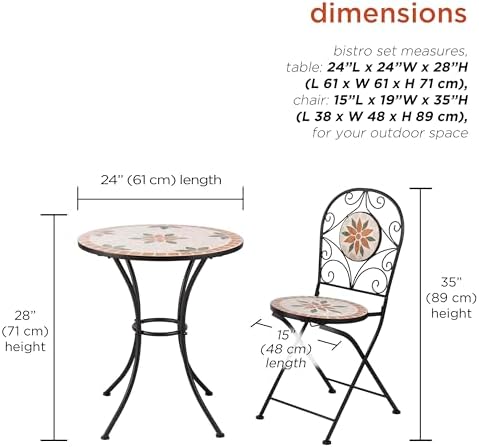 Alpine Corporation Indoor/Outdoor 3-Piece Mosaic Bistro Set Folding Table and...