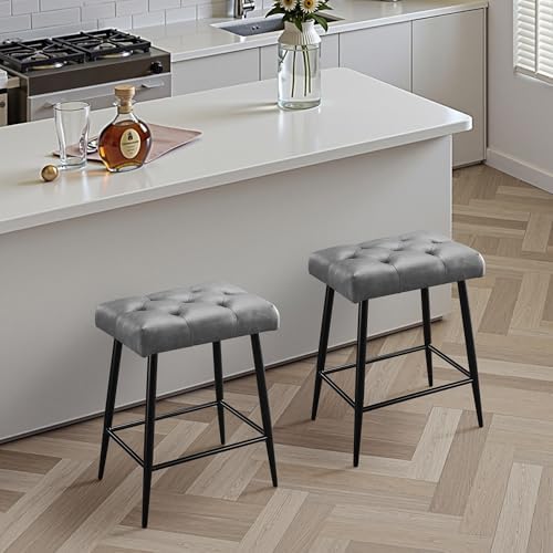 STOOLINK Faux Leather Bar Stools Set of 2, 24 Inch Modern Bar Stools, Grey