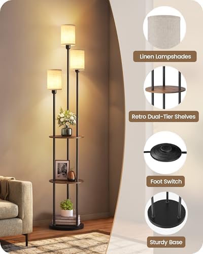 70.9" Floor Lamp with Shelves, Modern Floor Lamp with 3 Linen Shades and...