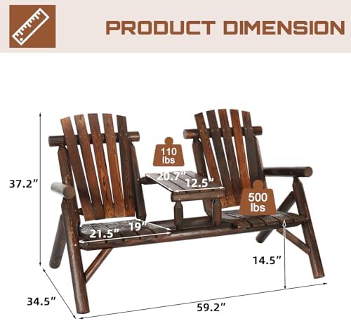 HOMEDIARY 2-Seat Wooden Adirondack Chair, Outdoor Log Patio Loveseat with Bui...