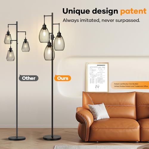 Dimmable Floor Lamp, 3 x 800LM LED Edison Bulbs Included, Farmhouse Industria...