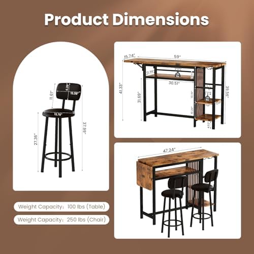 Bar Table and Chairs Set, 59'' Counter Height Dining Table Set with S...