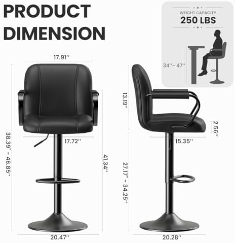 MALOL Set of 2 Modern Bar Stools with Backs - Adjustable High Chairs for Kitc...