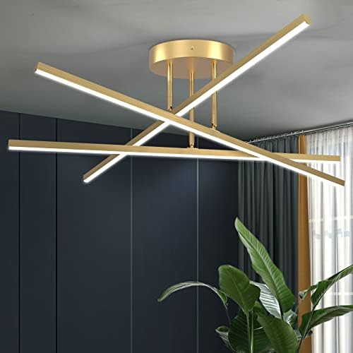 Gold LED Chandelier, 3-Lights Modern Semi Flush Mount Ceiling Lighting Fixtur...