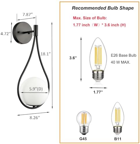 HOLKIRT Mid-Century Modern Black Wall Sconces, White Opal Glass Set of 2