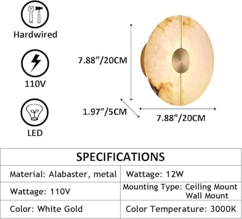 White Alabaster Wall Sconce Brass Natural Marble Wall Sconce Vintage Gold Rou...