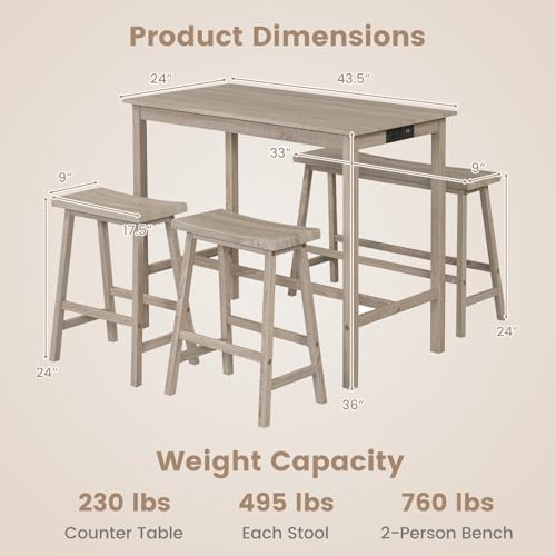 GIANTEX 4-Piece Counter Height Dining Table Set with Power Outlet, Solid Rubb...