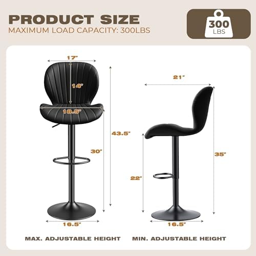 GRUSIGN Bar Stools Set of 2, Modern Swivel Adjustable Bar Chairs, Faux Leathe...
