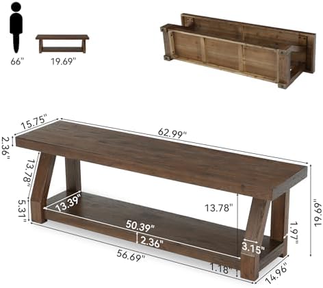 63" Solid Wood Bench, 2-Tier Entryway Bench with Shoe Storage, Rustic Ha...