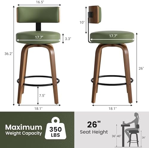 Swivel Bar Stools Set of 2, 26" Faux Leather Upholstered Counter Height ...