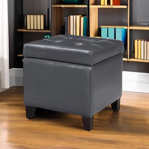 Adeco Bonded Leather Square Tufted Cubic Cube Storage Footstool, 18" Inc...