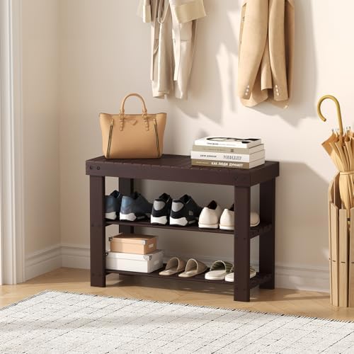 DUMOS Wooden Shoe Rack Bench with Storage, 3-Tier Bamboo Entryway Benches, Sh...