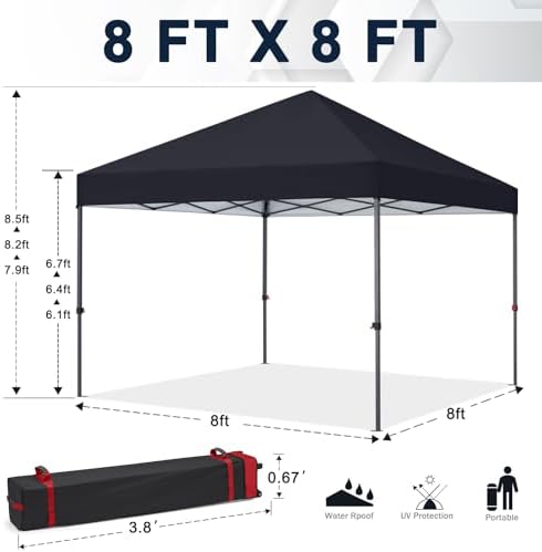 COOSHADE Durable Easy Pop Up Canopy Tent with Roller Bag, 8x8, Black