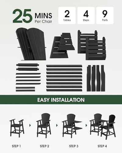 Tall Adirondack Chairs Set of 2 with Table Trays, Black