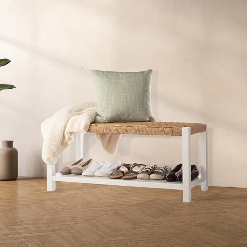 Alaterre Furniture Newport 40” Shoe Storage Bench with Woven Seat, White