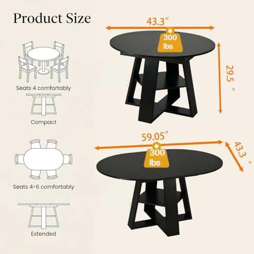 Round Extendable Dining Table Set for 6, 43"-59" Black Expandable K...
