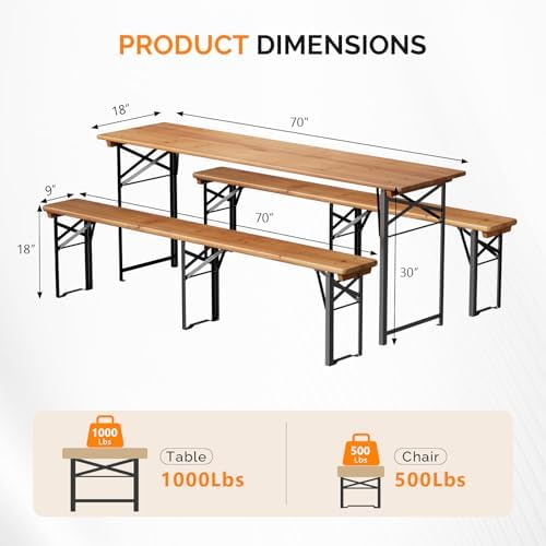 VINGLI 70 Inch Folding Picnic Tables with Benches Set, Weather-Resistant Wood...