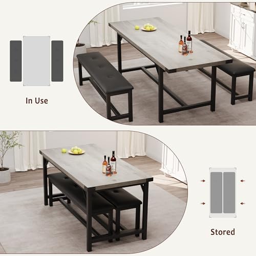 Garvee 63 in Extendable Dining Table Set for 4-6 People, 3-Piece Kitchen Tabl...