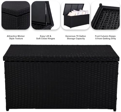 Sundale 70 Gallon Black Rattan Deck Storage Box with Hinged Lid
