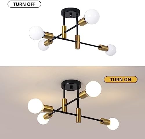 Garwarm Black and Gold Sputnik Chandelier, 4-Light Semi Flush Ceiling Light