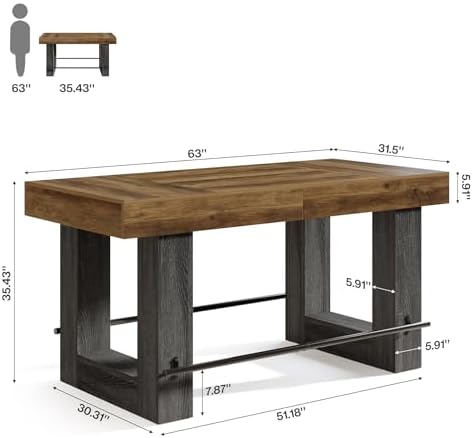 Tribesigns 63-Inch Bar Height Table, Large Wooden High Top Pub Table with Met...