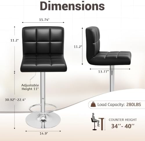 Homall Bar Stools Set of 4, Modern PU Leather Adjustable Swivel Barstools wit...