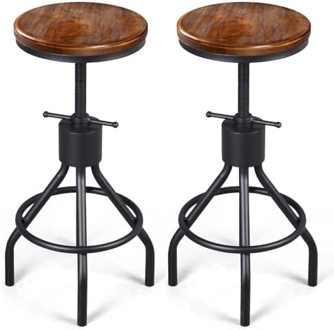 LOKKHAN Set of 2 Industrial Bar Stool-Height Adjustable Swivel Wood and Metal...