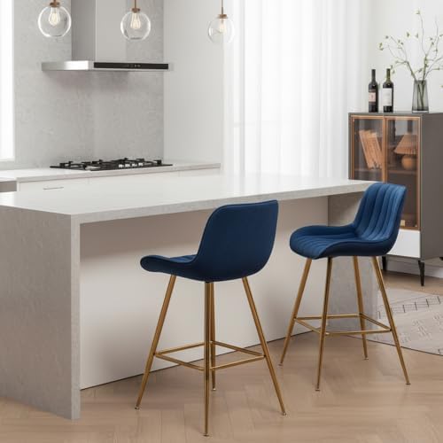 Sidanli Blue Bar Stools Set of 2, 24 Inch Velvet Counter Height Bar Stools wi...