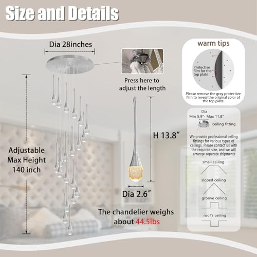 ykolupty H138 Modern Chandelier for High Ceiling 26-Lights Chrome Raindrop Ch...