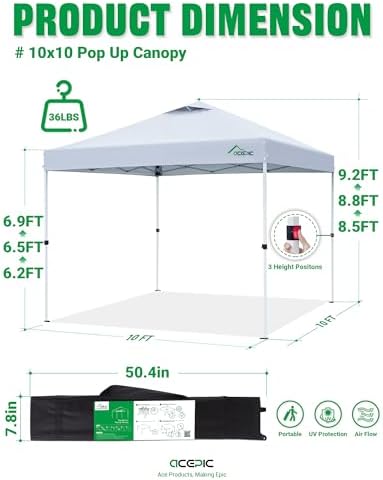 Acepic 10x10 Pop Up Canopy Tent, Easy Setup Portable Shelter, White, 10*10
