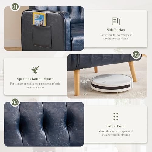 Leather Accent Chair Set of 2, Living Room Chair with Wooden Legs (Blue)