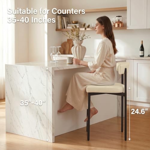 GrandNoor Beige Modern Bar Stools Set of 2, 24 Inch Faux Leather Counter Stoo...