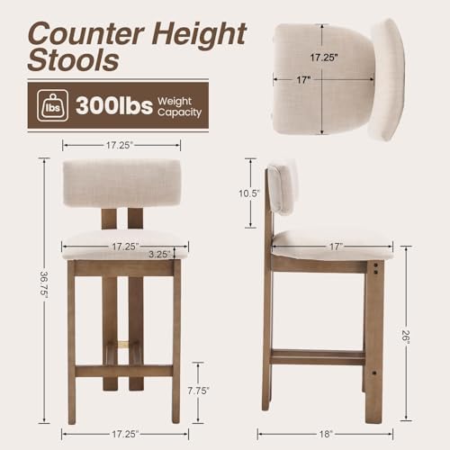 HNY 26’’ Tall Farmhouse Bar Stools Set of 2, Modern Counter Stools with Backs...