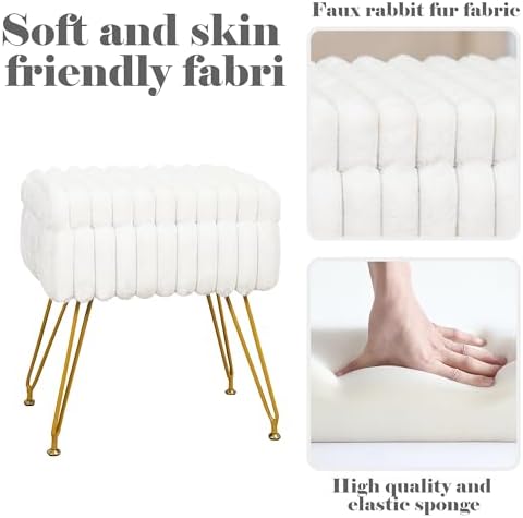 xuperbonus Faux Fur White Vanity Stool Chair with Storage Ottoman, Vanity Cha...