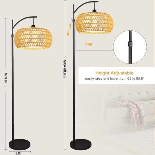 Arc Floor Lamps for Living Room Rattan Boho Floor Lamp with Remote Control,Di...