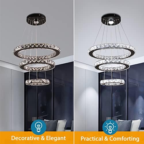 3-Ring Adjustable Height Crystal Chandelier Cool White