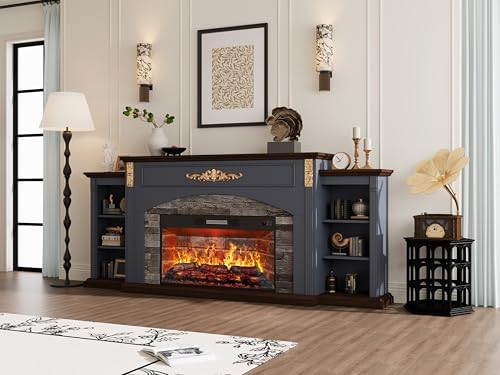 80" Fireplace TV Stand with Mantel, Navy Blue Entertainment Center with ...