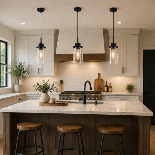 Black Farmhouse Clear Glass Cylinder Pendant Light, Modern Hanging Fixture (3...