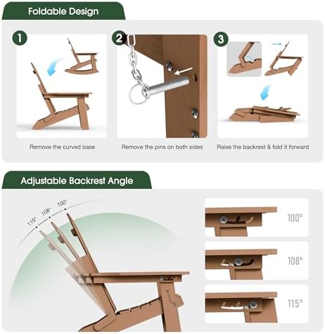 4-in-1 Adirondack Rocking Chair Set of 2, HDPE, Footrest, Teak