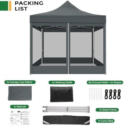COBIZI 10x10 Heavy Duty Pop Up Canopy with 4 Mosquito Net Sidewalls, Gray
